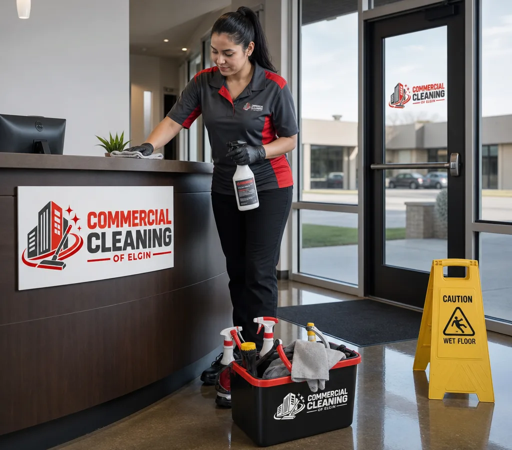 Cleaner wiping a reception counter and glass entry doors in an Elgin office after hours