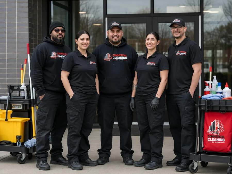 Commercial Cleaning of Elgin crew with organized cleaning carts and supplies